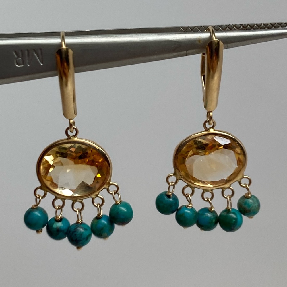 14K Yellow Gold Bezel Citrine and Turquoise Bead Dangle Leverback Earrings - Picture 1 of 15